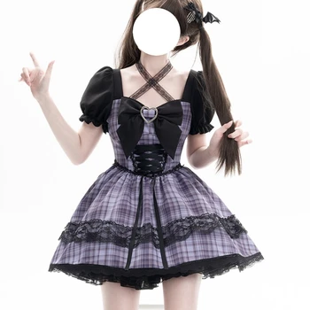 Gotik Lolita Mini Elbise Kadınlar Y2k Harajuku Ekose Dantel Parti Elbiseler Kızlar Kawaii Yay Bandaj İnce Puf Kollu Prenses Elbise