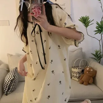 Yaz Gecelik Kadın Kısa Kollu Gecelikler Ev Sabahlık Uzun Sleepshirt Rahat Tatlı Sevimli Kıyafeti Pijama Kadın