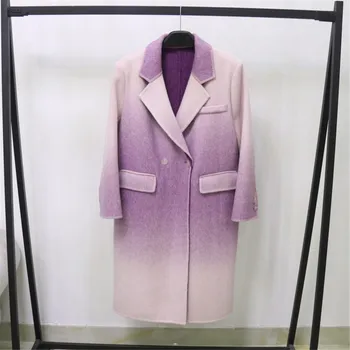 Degrade yün paltolar Kadınlar için Orta uzunlukta Kruvaze Çift taraflı Yün Ceket Ofis bayanlar kışlık palto Y4399