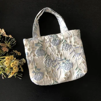 Mavi Çiçekler Kanvas Çanta Kadın Vintage omuz çantaları Jakarlı Bayan Alışveriş Çantaları Pamuklu Bez Kumaş Çanta Tote Çanta Makyaj Çantası