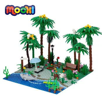 MOOXI Şehir Serisi Plaj Hindistan Cevizi Ağacı Yapı Taşı DIY Sahne Monte Tuğla Yaratıcı eğitici oyuncak Çocuk Hediye Için MOC3008