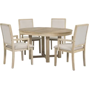 5 Parçalı yemek masası Seti, İki Boyutlu Yuvarlak Oval Uzatılabilir Kelebek Yaprak Ahşap yemek masası ve 4 Döşemeli yemek sandalyesi