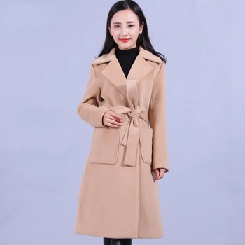 Bayanlar Sonbahar Kış Kahverengi Yün Ceket Kadın Uzun Kollu Düğme Belli Rüzgarlık Karışımı Ceket Kızlar Lace Up Yeşil Giyim