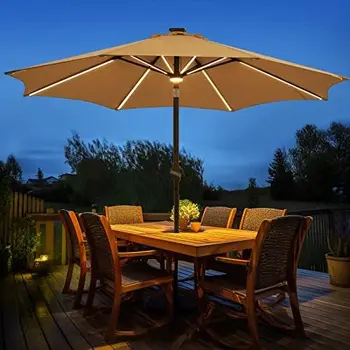 9 FT açık güneş şemsiyesi LED masa şemsiye 16 LED şerit ışıkları ve Hub ışık, alüminyum çerçeve, 3 yıl solmaya dayanıklı