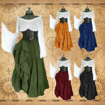 Cadılar bayramı Rönesans Cosplay kostüm Kadın Mahkemesi Retro Korse Maxi Elbise Ortaçağ Viking Alevlendi Kollu Vintage Vestido