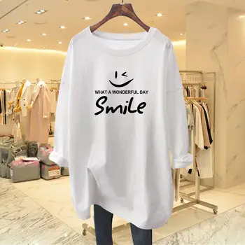 2023 Sonbahar Saf Pamuk Gülümseme baskılı tişört Kadınlar Uzun Kollu Temel Gevşek Casual Kazaklar