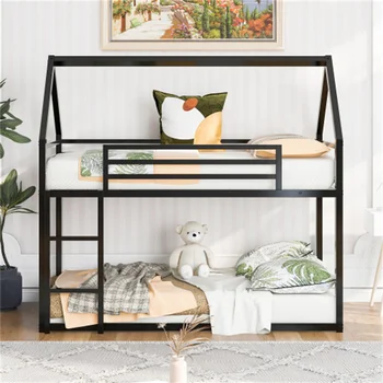 Dahili Merdivenli İkiz Ev Ranzası Siyah Dayanıklı ve Sağlam Montajı Kolay Yatak odası mobilyası için Uygun