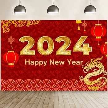 Mutlu Yeni Yıl 2024 Zemin Afiş Eve Parti Malzemeleri Ejderha Yıl Fotoğraf Balon Arka Plan Duvar Kırmızı Kutlamak Dekorasyon