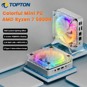 TOPTON Buz Soul Serisi 2.5 G Çift LAN Mini PC AMD Ryzen 7 7735HS 5800H 8 Çekirdek RGB ışık NVMe Mini Oyun pc bilgisayar 3x4K WıFı6