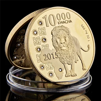 2015 Afrika Cumhuriyeti Zambiya 10000 Kwacha 1OZ Elmas Aslanlı Altın Kaplama Hatıra Parası Kapsüllü