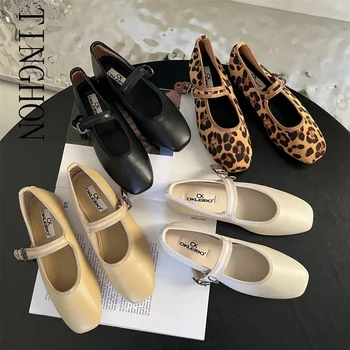 Kadınlar Vintage Flats Düğme Kare Ayak Mary Janes rahat ayakkabılar Leopar Konfor loafer ayakkabılar 2023 Balerin Daireler