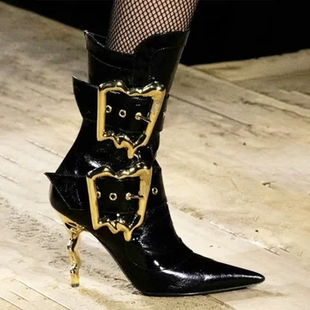 punk tarzı marka ayakkabı pist çizmeler sivri metal toka stiletto yarım çizmeler kadınlar için sonbahar kış yüksek topuklu motosiklet botları