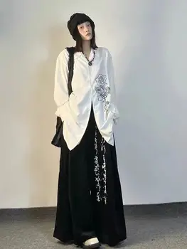 Oyalamak gül tişört Kadın Beyaz Üst Uzun Kollu Streetwear Y2K Harajuku Bluz 2023 Yeni Gömlek Düğmesi Aşağı Çin Tarzı