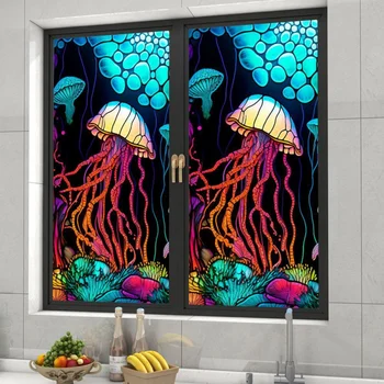 [Ev Dekorasyonu] Bl134 Sınır Ötesi Renk Denizanası Deniz Statik Cam PVC Tutkalsız Pencere Çekimi Çıkarılabilir Cam Pencere Pa