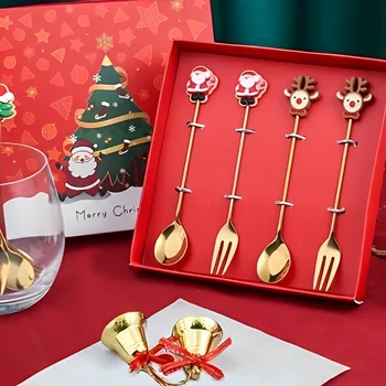 Noel hediyesi Paslanmaz Çelik Altın Kaşık Çatal Elk Noel Ağacı Dekorasyon Tatlı Kepçe meyve çatalı Kahve Kaşığı çatal bıçak kaşık seti