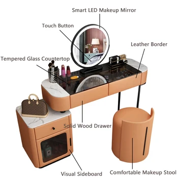 Depolama Lüks Modern makyaj masası Ahşap Çok renkli LED Ayna Vanity Çok Fonksiyonlu Soyunma Ev yatak odası mobilyası