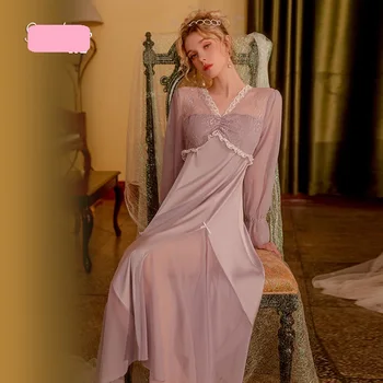 Yeni Moda kadın Seksi N Yaka Dantel Uzun Kollu Uyku Elbise Bayan Tanrıça Şık Uzun Ev Elbise Rahat Gecelik
