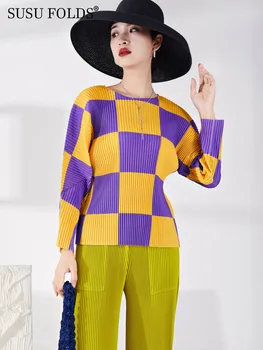 SUSU Kontrast Renkler Baskılı Pilili T Shirt Batwing Kollu Yuvarlak Boyun Gevşek Kadın Üstleri Rahat Tarzı Yeni Sonbahar 2023 SU-A965