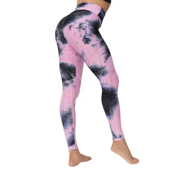 Kravat Boyalı Kabarcık Yoga Pantolon Yüksek Bel ve Kalça Kaldırma Jakarlı Spor Yoga Pantolon Yüksek Elastik fitness pantolonları Kadınlar için