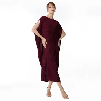 Miyake issey Miyake Pilili Düzensiz Elbise kadın Gevşek Artı Boyutu Kolsuz Pilili Elbise Mizaç Yüksek Dereceli uzun elbise