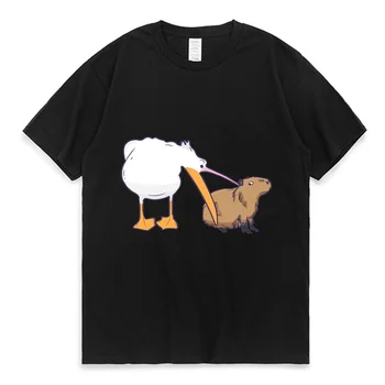 Pelikan Yemeye Çalışır Kapibara Komik Sevimli erkek T Shirt kadın Kawaii tshirt Büyük Boy Kısa Kollu Tee Gömlek siyah tişört tee