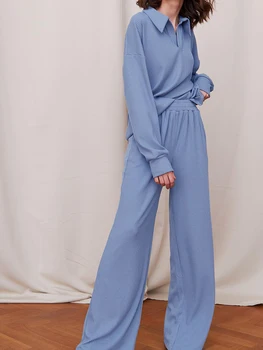 Lınad Mavi Pijama Kadınlar İçin 2 Parça Setleri Örme Nervürlü Uzun Kollu Pijama Kadın Gevşek Pantolon Takım Elbise 2023 Sonbahar Rahat