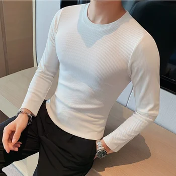 2023 Sonbahar Moda Yuvarlak Boyun Slim Fit Çizgili T Shirt Erkekler Katı Uzun Kollu Basit Dip Gömlek Casual giyim Tee 4XL-M