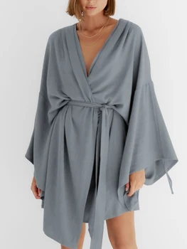 Lınad Gevşek Elbiseler Kadınlar İçin Rahat Parlama Kollu V Boyun Pijama Sashes 2023 Sonbahar Bornoz Kadın Düz Moda Kıyafeti