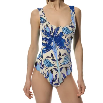 Mavi Yapraklar Baskılı kadın Mayo ve plaj elbisesi Seksi Backless Kare Yaka Bikini Yüksek Bel Tanga Bather Mayo