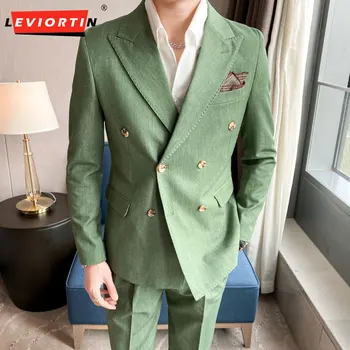 2023 En Kaliteli Kruvaze Blazer Erkek Giyim Basit Sonbahar Slim Fit Düz Takım Elbise Ceket ve Mont İş Resmi Smokin