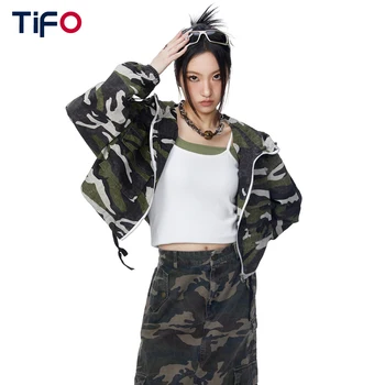 Kamuflaj Kapüşonlu Ceket Kadın Sonbahar Rahat Uzun Kollu Cep Streetwear Ceket Giyim