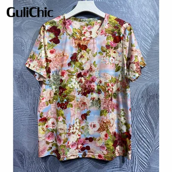 6.23 GuliChic Kadınlar Yüksek kalite Moda Vintage Renkli Çiçek Baskı Boncuk Rahat O-Boyun kısa kollu tişört