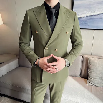 2023 Sonbahar Yeni erkek Takım Elbise Seti (Ceket + pantolon + Yelek) iş Eğlence Kaliteli Moda erkek Takım Elbise Üç Parçalı Set Kruvaze