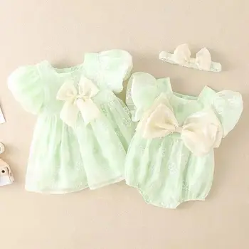 2023 e n e n e n e n e n e n e n e n e n e Kardeş Eşleştirme Kıyafet Bebek Kız Çocuklar İçin Yaz Prenses Yeşil Çiçek Tulum ve Elbise Çocuk Kardeş Giyim