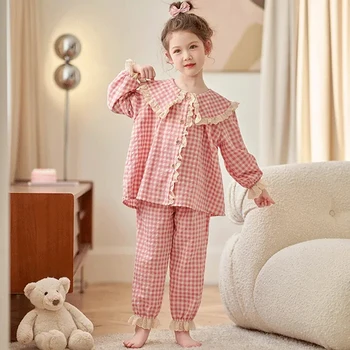 Ilkbahar Sonbahar pPlaid çocuk Pijama Seti Tatlı Prenses Tarzı Kız Pijama Ruffles Bebek Kısa kollu Kırpılmış pantolon seti
