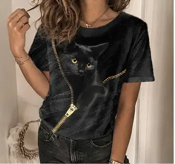 Yazlık t-Shirt Kadın 3D Baskı Sevimli Kedi Moda Bayan T Shirt Kawaii Kedi Tee Üstleri Büyük Boy Giyim Kısa Kollu Streetwear