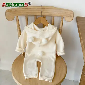 Sonbahar Yenidoğan Bebek Erkek Kız Tam Kollu Kapşonlu Örme Pamuk Tulum Romper Tek göğüslü Bebek Çocuk Tek parça Giyim
