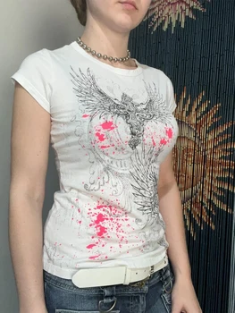 Kadın Punk Kırpma Üstleri Peri Grunge Kanatları Baskı Kısa Kollu Slim Fit Gömlek Goth Streetwear