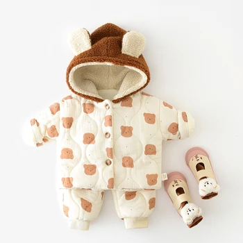 Kış Yeni Yürümeye Başlayan Çocuk Seti Bebek Kız Karikatür Baskılı Ayı Kapşonlu pamuklu ceket pamuklu pantolonlar 2 Parçalı Set