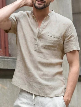 Yaz kısa kollu keten erkek gömlek akıllı rahat Stand yaka düz T-shirt düğmesi ile