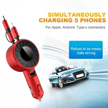 3 İn 1 araba şarjı Hızlı Şarj Geri Çekilebilir USB C Tipi Kablo iPhone Android Telefon için çakmak adaptörü Araba Erişim S5W2
