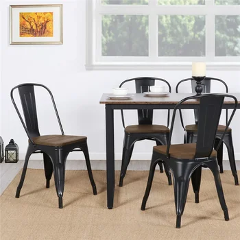 Ahşap Koltuklu Alden Tasarım Metal İstiflenebilir Yemek Sandalyeleri, 4'lü Set, Siyah yemek sandalyeleri mobilya