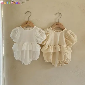 Cuttyful 2023 Yaz Yeni Bebek Kısa Kollu Bodysuit Sevimli Bebek Kız Puf Kollu Tulum Elbise Pamuklu Yürümeye Başlayan Prenses Elbise