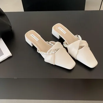 Kare Kafa kadın Terlik Hafif Pürüzsüz Düz Topuklu Yeni Moda Her Şey Rahat Katır Ayakkabı Kare Düşük Topuk yüksek topuklu sandalet