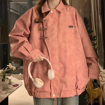 Kadın Çin Tarzı Çapraz Metal Toka Büyük Boy Ceket Sokak Çift Tarzı Kadın Uzun Kollu Fermuarlı İnce Gevşek Ceket