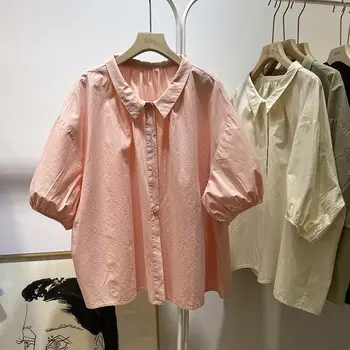 Kadın Bluzlar Katı Yaz Puf Kollu Kore Moda Vintage Gömlek Gevşek Tüm Maç Blusas