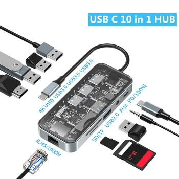 10-in-1 Şeffaf USB C Hub Ethernet ile USB3.0 USB2. 0 Aux HDMI uyumlu VGA SD / TF kart okuyucu USB C Tipi Yerleştirme İstasyonu