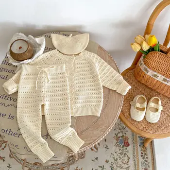 Bebek Sonbahar Seti 2023 Bebek Erkek 2 adet Giysi Set Pamuk İçi Boş Basit Örme Ceket Katı Kazak pantolon Takım Elbise Yürümeye Başlayan Çocuk Kıyafetler