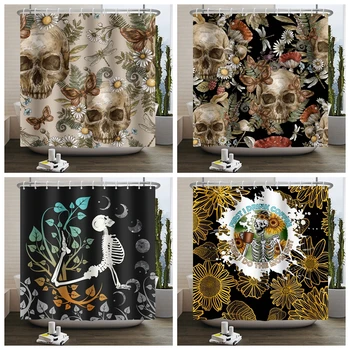 Çiçek Kafatası Duş Perdesi Mantar Gotik Cadılar Bayramı Banyo Dekor Perde İskelet Kelebek Vintage Sanat Küvet Perdesi
