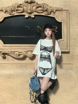 Gyaru Tasarım Y2k 2000s T Shirt Kısa Kollu Baskı Estetik Uzun Üstleri Yaz Rahat Gevşek Harajuku Vintage kadın giyim